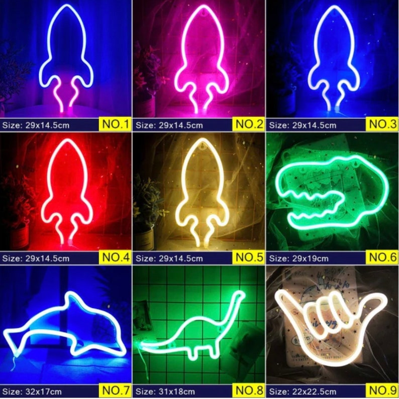 May include: Collection of neon signs in various shapes and colors, including a rocket, dinosaur, dolphin, and hand gesture. Each sign is illuminated with vibrant colors like blue, pink, red, and green. Sizes vary, with the rocket signs measuring approximately 11.4 x 5.7 inches.
