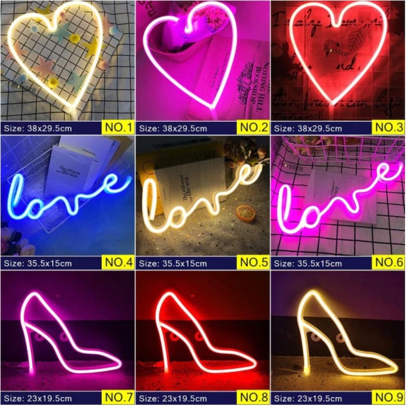 May include: A collection of neon light signs in various shapes, including hearts, the word "love", and high-heeled shoes. The signs come in multiple colors, with dimensions ranging from 9.1 x 7.7 inches to 15 x 11.6 inches.