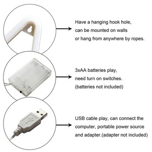 May include: Details of a neon light with a hanging hook, battery compartment, and USB cable. The text indicates it can be mounted on walls or hung by ropes. It uses 3xAA batteries or a USB cable for power.