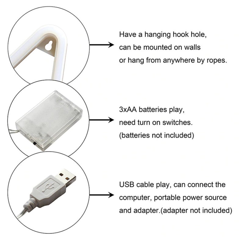 May include: Details of a neon light with a hanging hook, battery compartment, and USB cable. The text indicates it can be mounted on walls or hung by ropes. It uses 3xAA batteries or a USB cable for power.