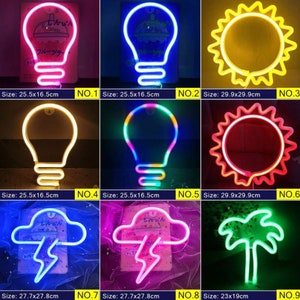 May include: A collection of neon light signs in various shapes, including light bulbs, a sun, a cloud with lightning, and a palm tree. The signs are in different colors and sizes, with the largest being 11.8 x 11.8 inches. The smallest is 9 x 7.5 inches.