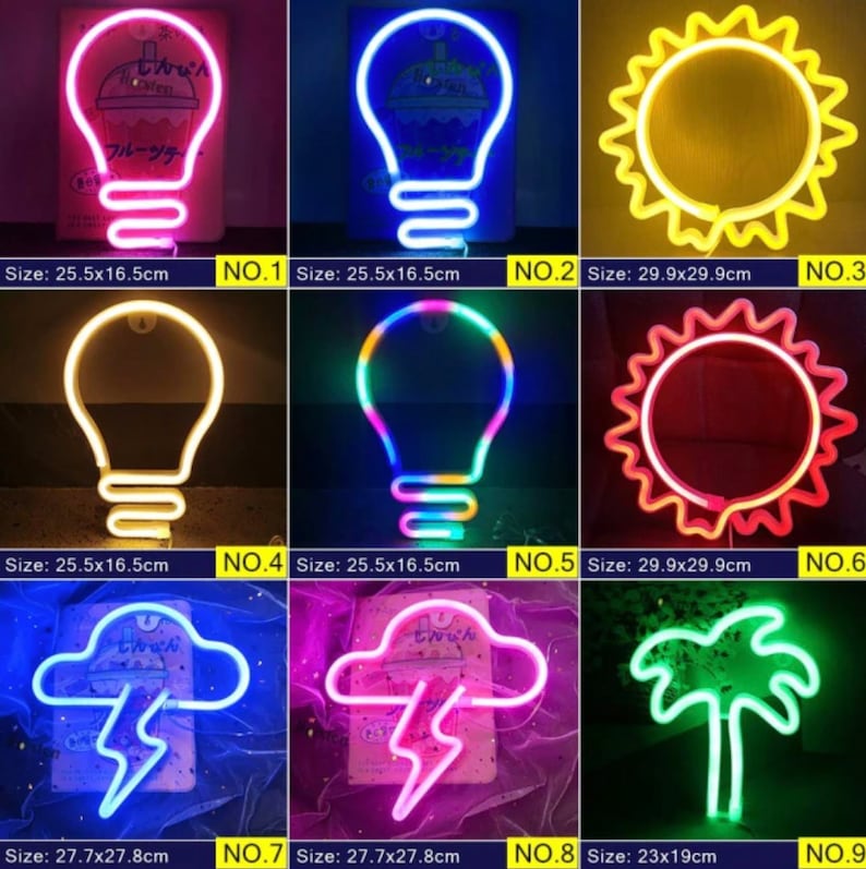 May include: A collection of neon light signs in various shapes, including light bulbs, a sun, a cloud with lightning, and a palm tree. The signs are in different colors and sizes, with the largest being 11.8 x 11.8 inches. The smallest is 9 x 7.5 inches.