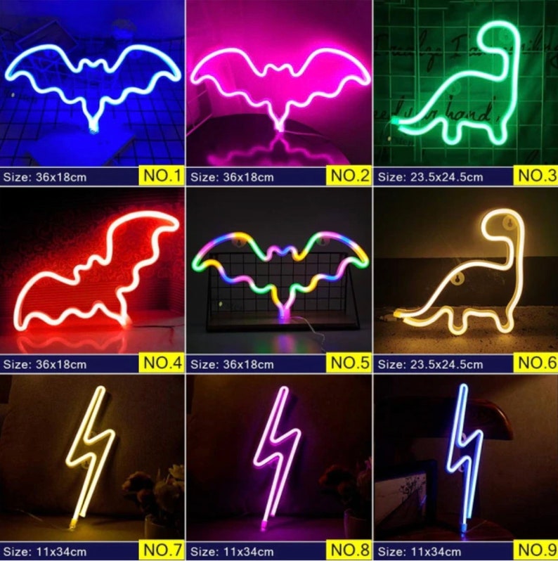 May include: Collection of neon LED lights in various shapes: a bat (36x18cm), a dinosaur (23.5x24.5cm), and a lightning bolt (11x34cm). Each light emits a vibrant color, including blue, pink, green, and yellow.