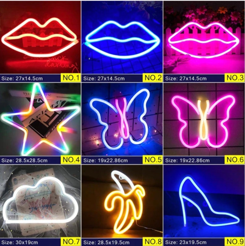 May include: Collection of neon light signs in various shapes, including lips, a star, butterflies, a cloud, a banana, and a high-heeled shoe. Each sign has a different color and size, with dimensions in centimeters.