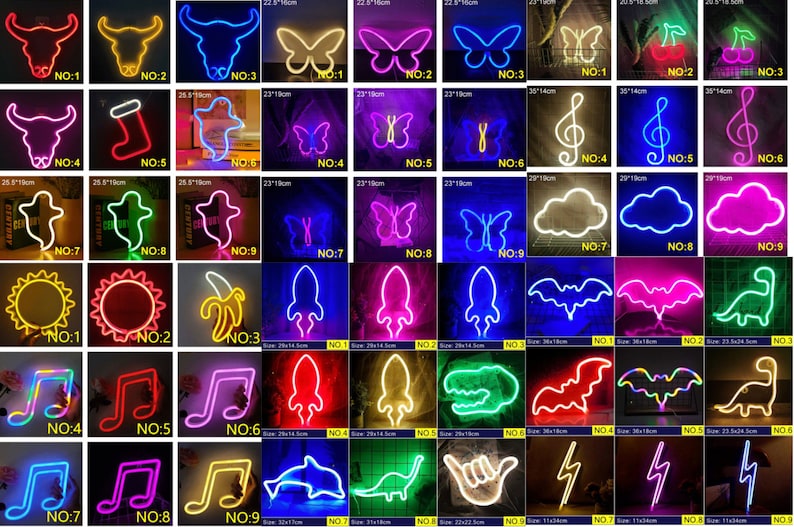 May include: Collection of neon signs in various shapes, including a bull, butterfly, musical notes, and lightning bolts. Each sign is illuminated with vibrant colors like red, blue, and pink. Sizes vary, with some measuring approximately 29 inches in length.