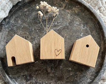 Holzhäuser Deko Herz Gravur Dekohäuser Eichenholz Set 3er-Set Holzhaus Skandinavisch Skandi Hygge Holzhäuschen Geschenk Lidatorp