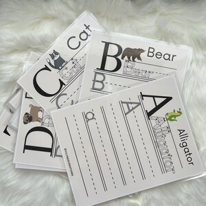 May include: A set of black and white alphabet flashcards with illustrations of animals. The flashcards feature the letters A, B, C, and D with the words "Alligator", "Bear", "Cat", and "Dog" written below each letter. The flashcards are designed for children to learn the alphabet and practice writing.