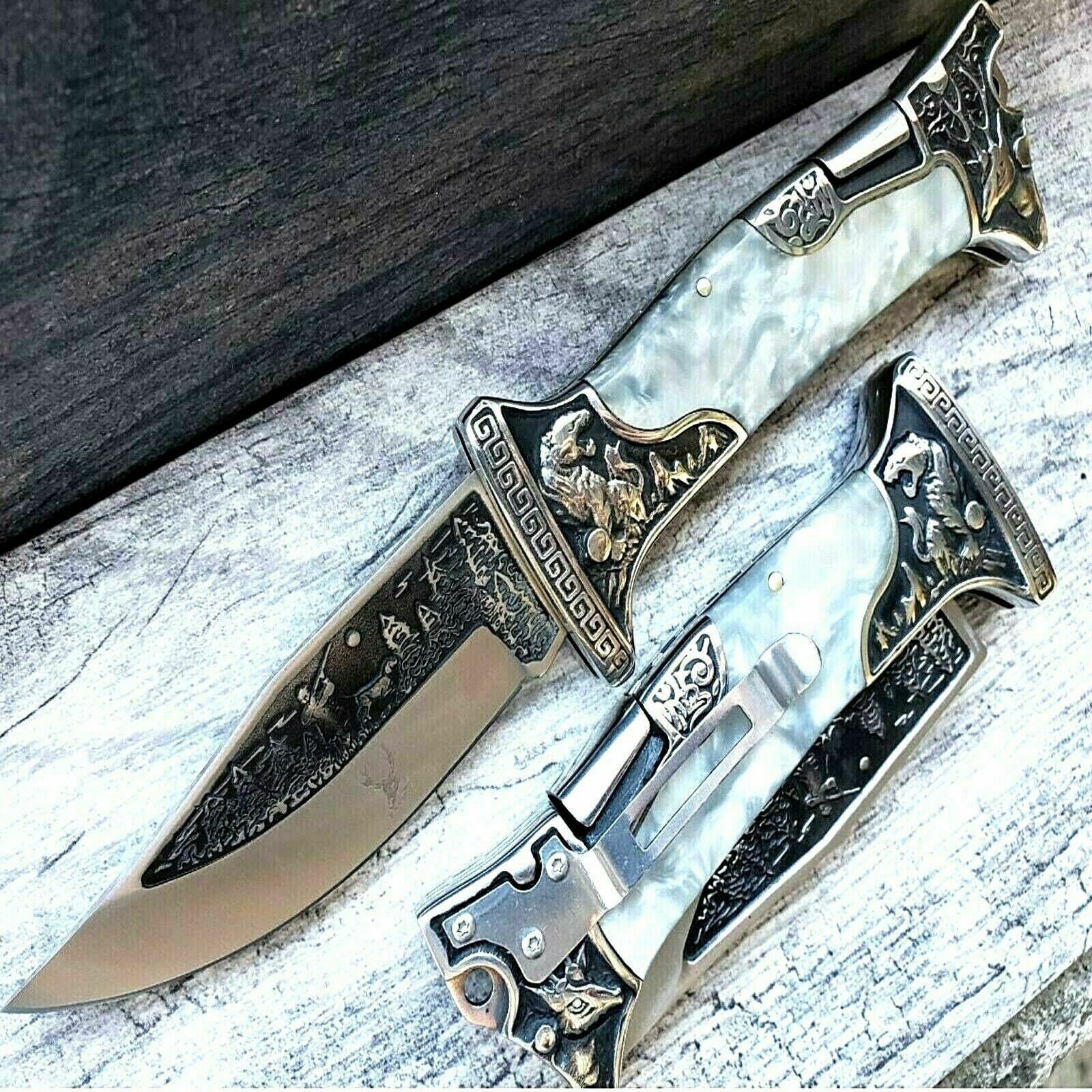 Pearl Marble Handle Engraved Blade Folding Pocket Knife Etsy