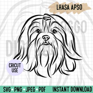 Lhasa Apso Outline SVG/ Lhasa Apso Face Line Art Vector File/ Dog Digital Download for Cricut Silhouette Work/Dog Breed Clipart PNG Drawing