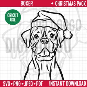 Christmas Dog SVG/Boxer Dog Breed Line Portrait Clipart/Boxer in Santa Hat Vector/Festive Holidays Pet PNG Digital File for Boxer Dog Owner