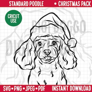 Esquema de caniche navideño SVG/Retrato de línea de raza de perro Clipart/Perro caniche estándar con gorro de Papá Noel/Archivo de descarga digital PNG festivo para caniche