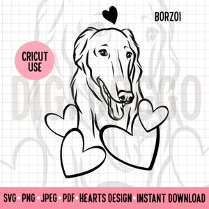 Borzoi Dog Love Outline SVG Valentines Dog Line Art Borzoi Clipart PNG Digital Download Cricut Silhouette File for Russian Borzoi Owner Gift