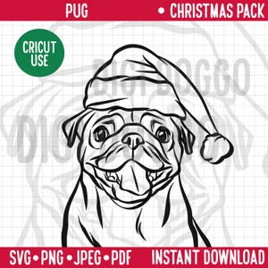 Pug Outline Christmas SVG/Dog Breed Line Portrait Clipart/Cute Pug Illustration Dog in Santa Hat/ Festive Holiday Pet Digital Download File