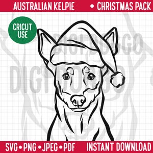 Australian Kelpie Outline Christmas SVG/Dog Breed Line Portrait Clipart Kelpie in Santa Hat/Festive Pet PNG Digital Download File for Cricut