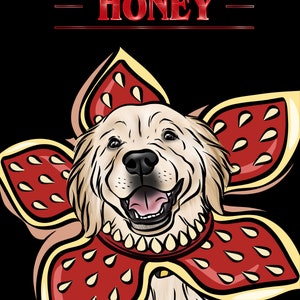 May include: A golden retriever dog wearing a red and yellow costume with the text "HONEY" above it.