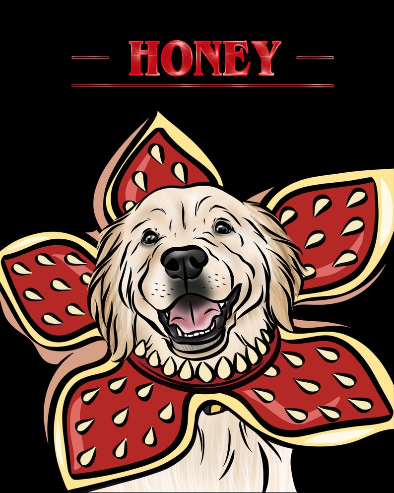 May include: A golden retriever dog wearing a red and yellow costume with the text "HONEY" above it.