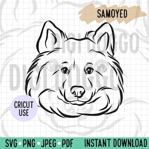 Samoyed Outline SVG/ Samoyed Dog Face Line Art Vector File/Dog Breed Digital Download for Cricut/ Samoyed T-Shirt Making Dog Clipart PNG