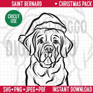 Cane di Natale SVG/San Bernardo razza linea ritratto Clipart/San Bernardo in cappello di Babbo Natale Vettore/Vacanze festive Pet PNG Download digitale File