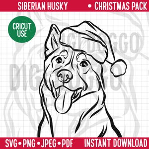 Siberian Husky Outline Christmas SVG/ Dog Breed Line Portrait Clipart/ Husky Portrait in Santa Hat/ Festive Pet PNG Digital Download File