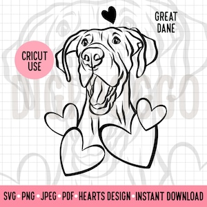Great Dane Love Outline SVG Valentines Dog Line Portrait Great Dane Clipart PNG Digital Download Cricut Silhouette File for Great Dane Owner