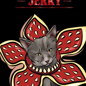 May include: A gray cat wearing a red and yellow costume resembling the monster from the show "Stranger Things". The costume has a large flower shape with teeth around the neck. The text "JERRY" is above the cat.