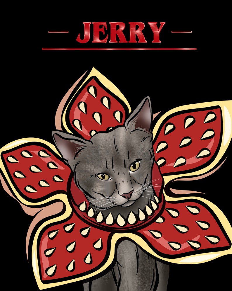 May include: A gray cat wearing a red and yellow costume resembling the monster from the show "Stranger Things". The costume has a large flower shape with teeth around the neck. The text "JERRY" is above the cat.