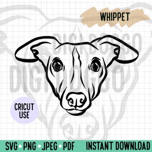 Whippet Outline SVG/ Greyhound Face Line Art Vector File/ Dog Breed Digital Download for Cricut Silhouette Project/ Whippet Dog Clipart PNG