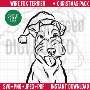Perro navideño SVG/Retrato de línea de raza Fox Terrier de pelo duro/Fox Terrier con gorro de Papá Noel Vector/Mascota festiva PNG Descarga digital para perro