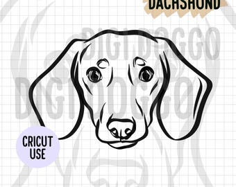 以下が含まれることがあります： ダックスフントの頭の白黒の線画イラスト。犬は耳を立てて、直接視聴者を見つめています。