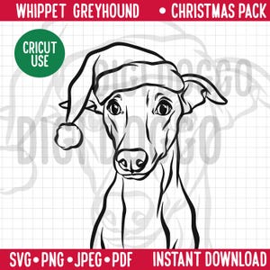 Whippet Dog Outline Christmas SVG/ Dog Breed Line Portrait Clipart/ Greyhound Portrait in Santa Hat/ Festive Pet PNG Digital Download File
