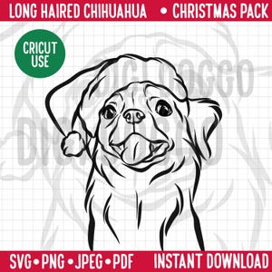 Chihuahua de pelo largo, contorno navideño SVG/Retrato de línea de raza de perro, Clipart/Chihuahua con gorro de Papá Noel, Vector/Mascota festiva PNG, Descarga digital