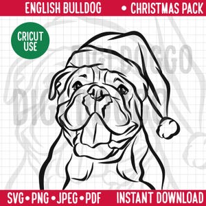 English Bulldog Outline Christmas SVG/Dog Breed Line Portrait Clipart English Bully in Santa Hat/Festive Pet PNG Digital Download Gift File