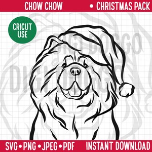 Christmas Dog SVG/ Chow Chow Breed Line Portrait Clipart/ Chow Chow in Santa Hat Vector/Festivity Holidays Pet PNG Digital Download for Dog