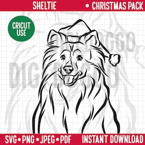 Christmas Dog SVG/Sheltie Breed Line Portrait Clipart/ Shetland Sheepdog in Santa Hat Vector/Festivity Holidays Sheltie PNG Digital Download