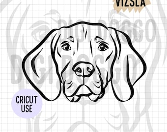 Pode incluir: Ilustração de arte de linha em preto e branco da cabeça de um cão Vizsla. O cão está olhando para a frente com as orelhas para baixo. O texto "Vizsla" está escrito em um retângulo marrom acima da cabeça do cão.