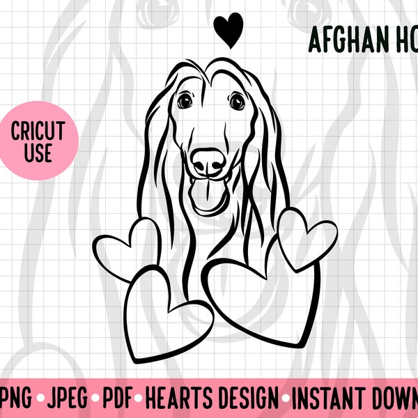 Afghan Hound Outline SVG Love Dog Hearts Clipart Image Afghan Hound PNG Digital Download Dog Line Art Cricut Silhouette Cut File Valentines