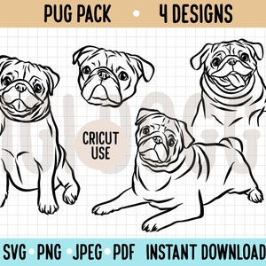 Pug Outline SVG/ Lindo Pug Raza Línea Dibujo Vector Archivo/ Pug Line Art Clipart Cricut Silueta Recortada PNG Descarga Digital/ Pug Lovers