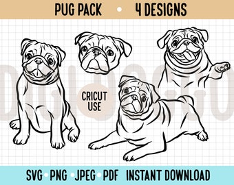 Pug Outline SVG: Line Art Clipart, Cricut Cut File (Digital Download)