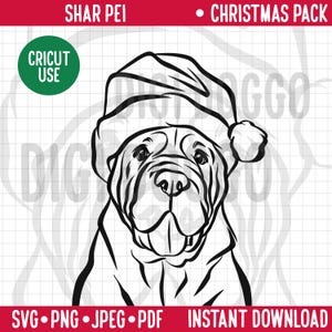 Shar Pei Dog SVG/Shar Pei Breed Line Portrait Clipart/Shar Pei Santa Hat Vector/Festive Holidays Pet PNG Digital File for Shar Pei Dog Mum