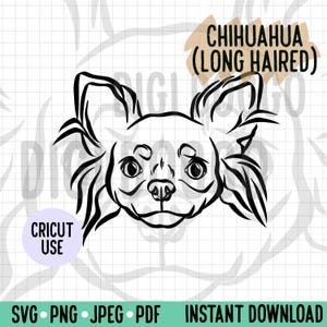Chihuahua de pelo largo, contorno SVG/Lindo dibujo lineal de cara de chihuahua, archivo vectorial/Retrato digital de raza de perro para proyecto de silueta Cricut