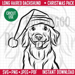 Langhaar Dackel Umriss Weihnachten SVG / Hunderasse Linie Porträt Clipart Dackel in Nikolausmütze / Festliches Haustier PNG Digital Download Datei