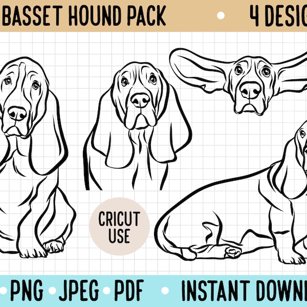 Basset Hound Outline SVG/ Dog Breed Line Art Bundle/ Basset Hound Vector Graphic/ Dog Drawing Cricut Silhouette PNG Digital Dog Download