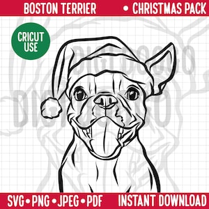 Boston Terrier Outline Christmas SVG/Dog Breed Line Portrait Clipart/Boston Terrier Dog in Santa Hat/ Festive Holiday Pet Digital Download