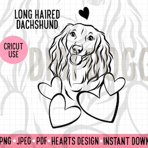 Long Haired Dachshund Outline SVG Valentines Dog Line Portrait Clipart Sausage Dog PNG Digital Download Love Hearts Cricut Silhouette File
