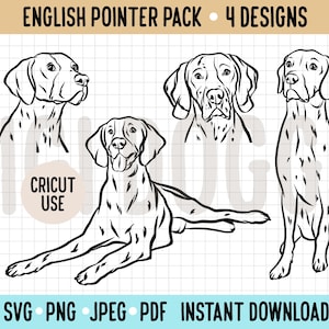Esquema de pointer inglés SVG/ Descarga digital de pointer PNG/ Ilustración de clipart de perro/ Archivo vectorial de silueta de Cricut para dueño de pointer