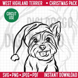 West Highland Terrier Outline Christmas SVG/ Dog Breed Line Portrait Clipart/Westie Artwork in Santa Hat Vector/Festive Pet PNG Digital File