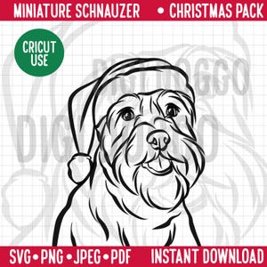 Schnauzer miniatura, contorno navideño SVG/retrato de línea de raza de perro, clipart, perro Schnauzer con gorro de Papá Noel, archivo PNG festivo para descargar digitalmente