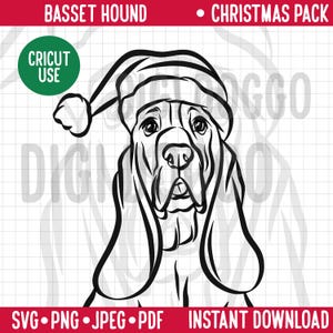 Dibujo de Basset Hound con contorno navideño SVG/Retrato de línea de raza de perro Clipart/Perro Basset Hound con gorro de Papá Noel/Descarga digital PNG festivo Archivo PDF