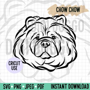 Esquema de raza de perro SVG/ Arte lineal de cara de Chow Chow Archivo vectorial/ Retrato de perro Descarga digital para proyecto de silueta Cricut/ Chow Chow Clipart