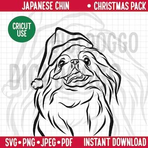 Japanese Chin Dog Outline Christmas SVG/ Dog Breed Line Portrait Clipart/ Japanese Chin Portrait in Santa Hat/Pet PNG Digital Download File